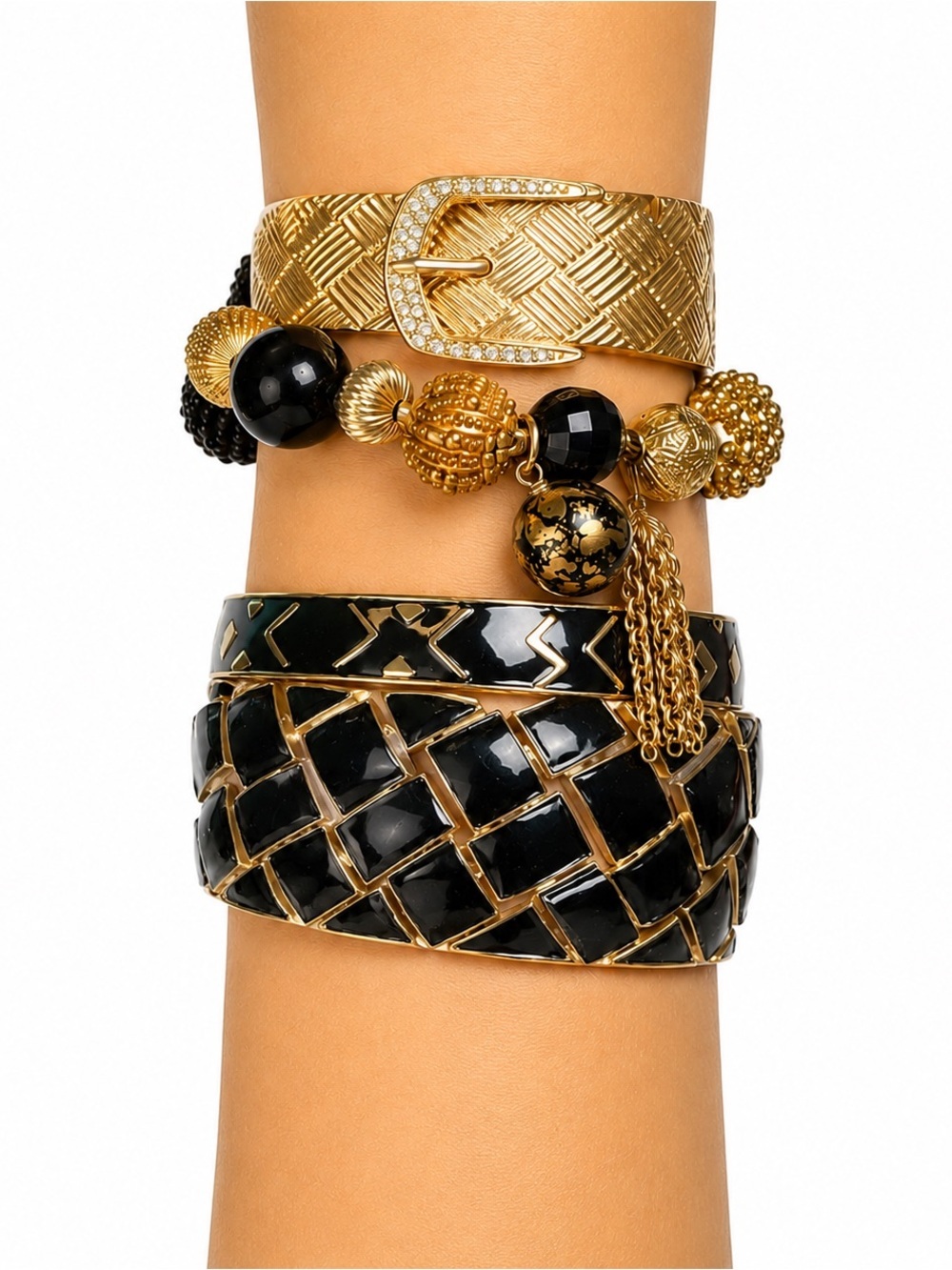 Black & Gold Beaded Stretch Bangle Stacking Bracelet Lot